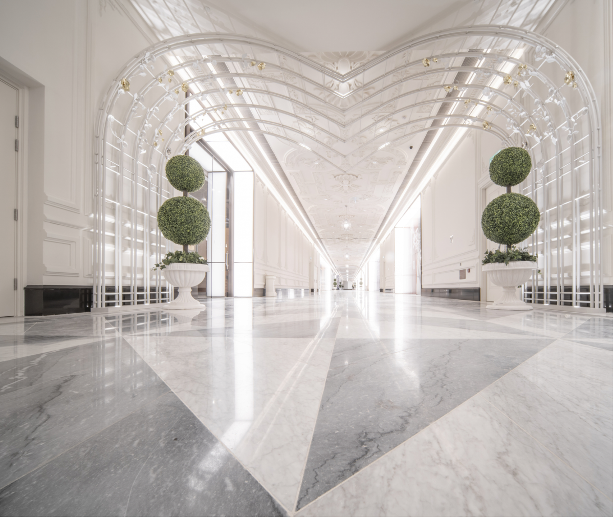 Luxurious corridor with arch and greenery